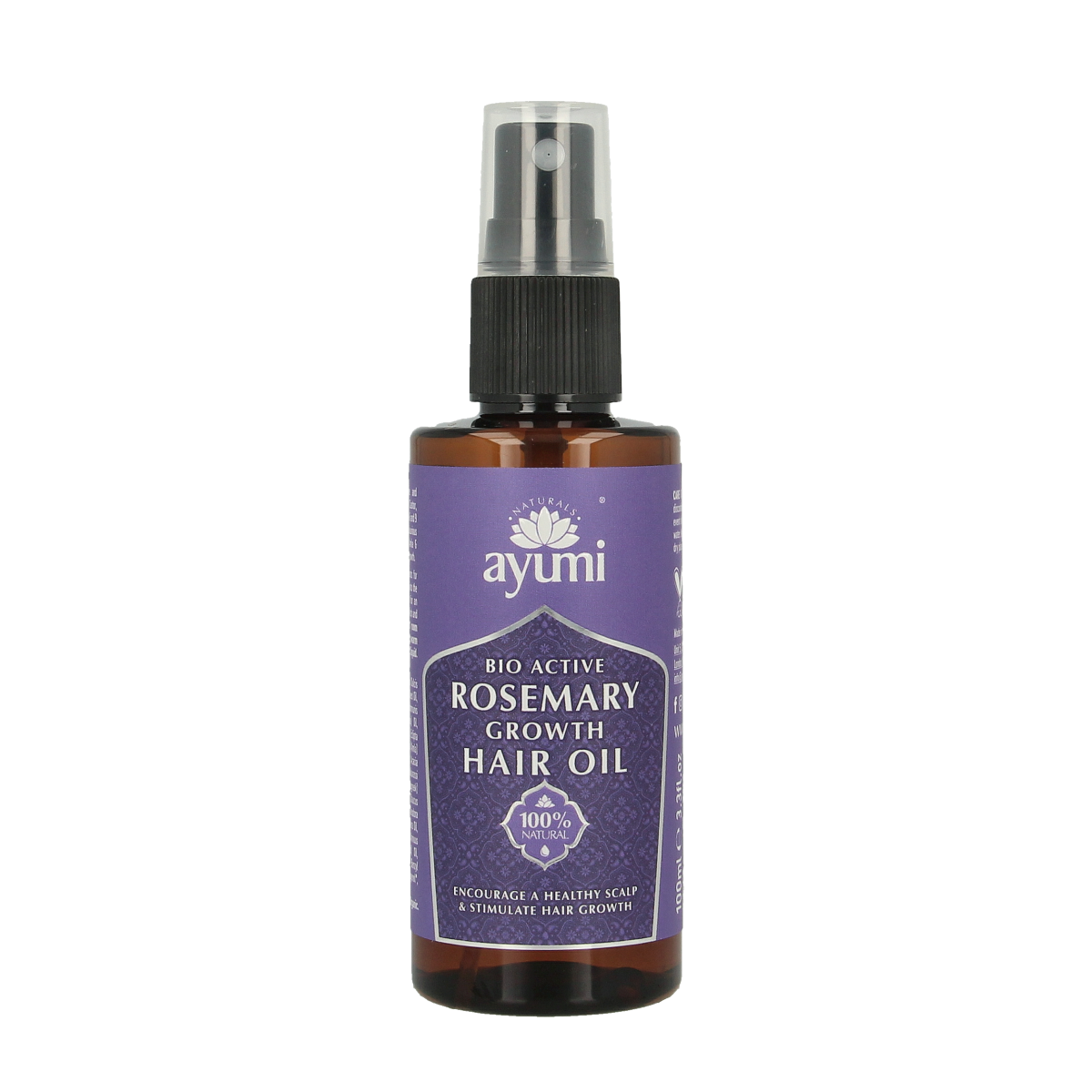 Ayumi Rosemary hair growth oil bottle, 100ml, in a clear container with a label, for natural hair care and hair growth.