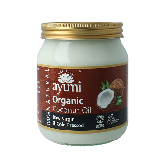 Organic Ayumi virgin coconut oil in a 290g jar, showing the label and creamy texture of the natural product.