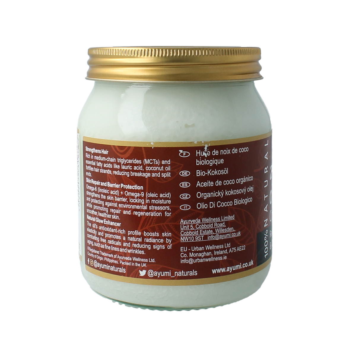 Organic Ayumi Virgin Coconut Oil in a 290g jar, showing the label and product texture on a white background.