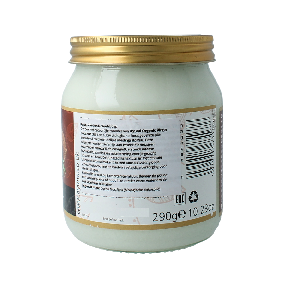 Organic Ayumi Virgin Coconut Oil in a 290g jar, showcasing the white solid coconut oil with a smooth, natural surface.