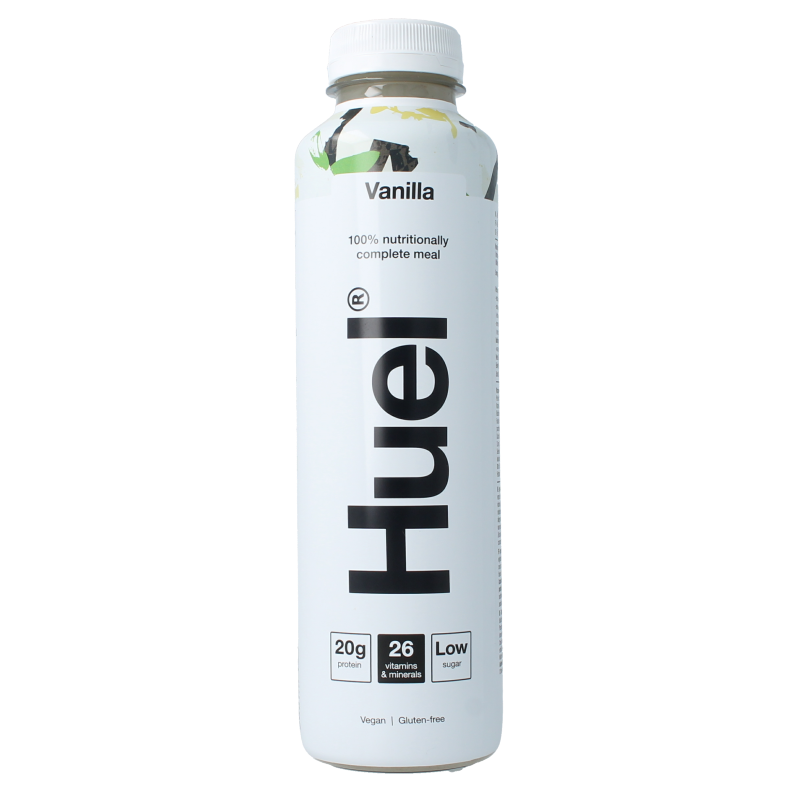 Huel White Edition Vanilla meal replacement shake in 500ml bottle, featuring a sleek white design and vanilla flavor label.