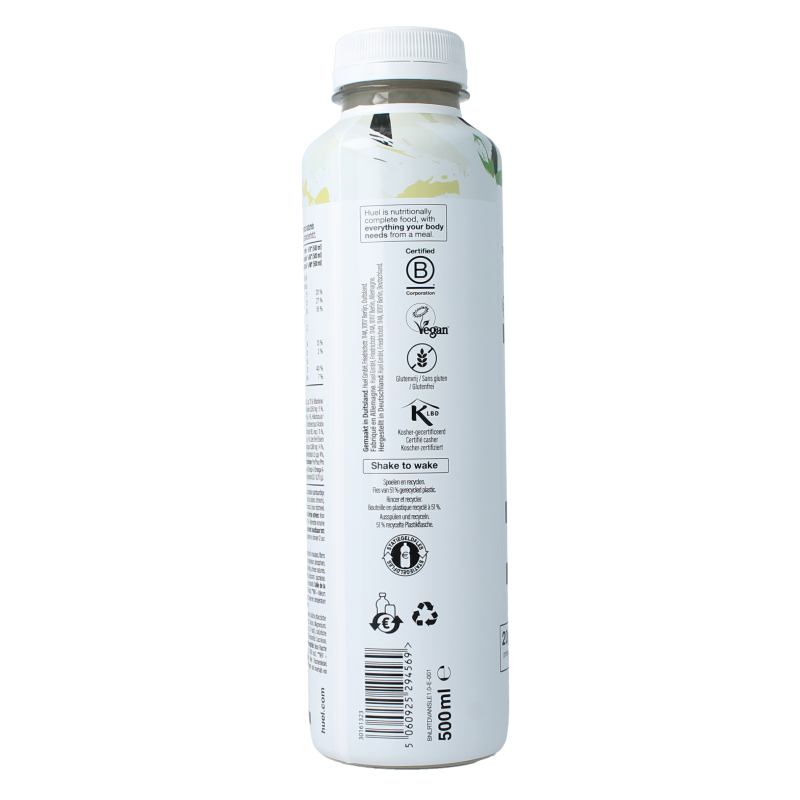 Huel White Edition vanilla meal replacement shake in a 500ml bottle, featuring a clean white label and cap.