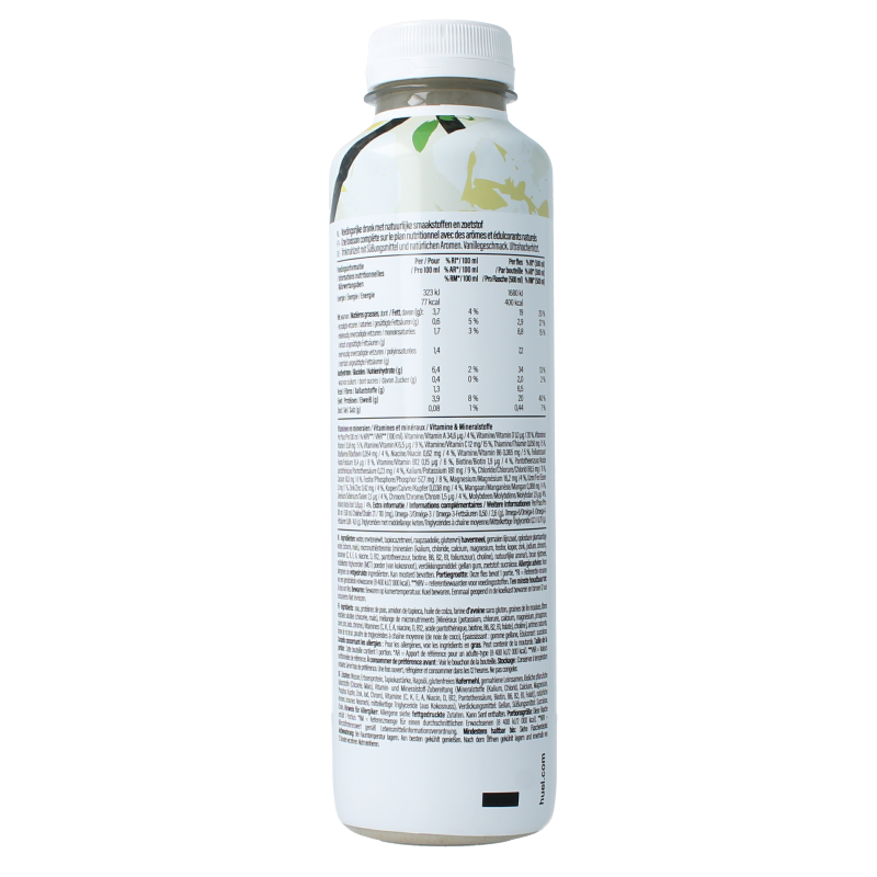 Huel White Edition vanilla meal replacement in a 500ml bottle, featuring a sleek white design and vanilla flavor label.