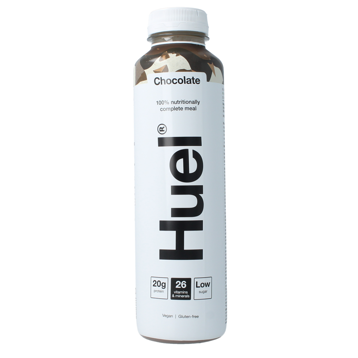 Huel White Edition Chocolate meal replacement bottle, 500ml, with sleek white packaging and chocolate flavor label.