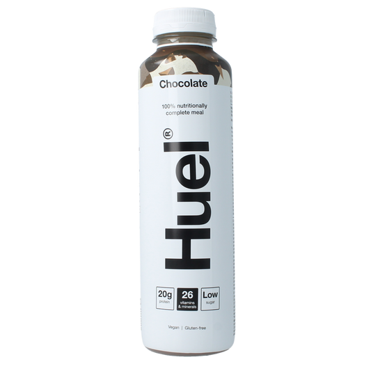 Huel White Edition Chocolate meal replacement bottle, 500ml, with sleek white packaging and chocolate flavor label.