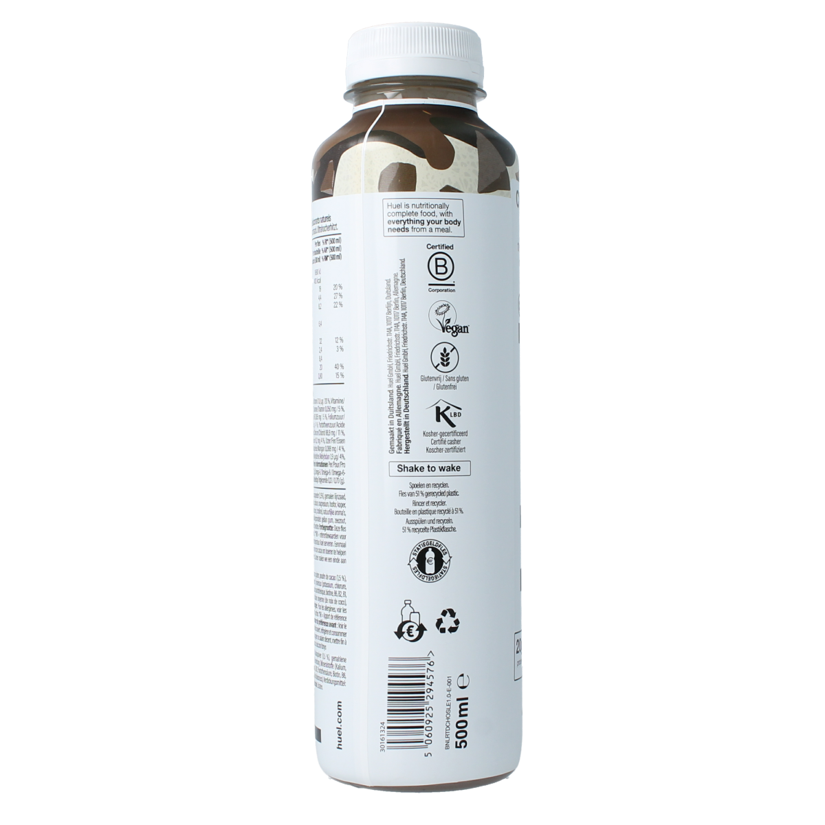 Huel White Edition Chocolate meal replacement bottle, 500ml, with a sleek white and chocolate design.