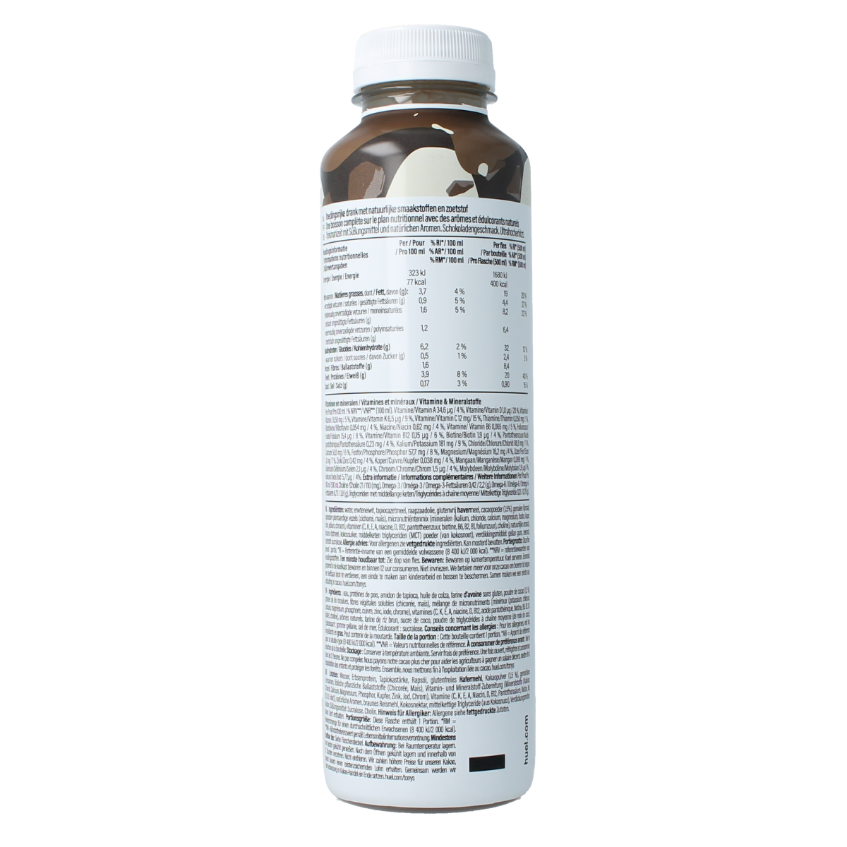 Huel White Edition Chocolate meal replacement shake in 500ml bottle, featuring a smooth, creamy chocolate flavor.