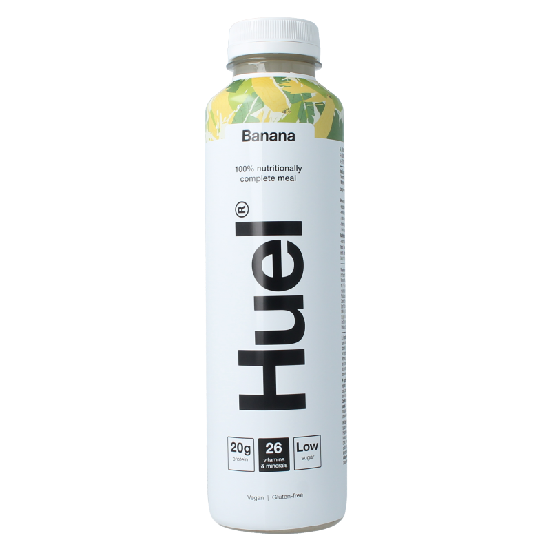 Huel White Edition banana meal replacement shake in 500ml bottle, featuring creamy banana flavor and white packaging.