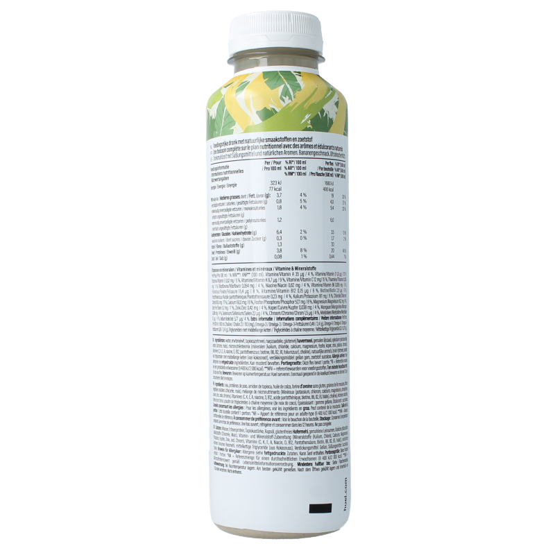 Huel White Edition Banana meal replacement drink in a 500ml bottle with a white label and banana flavor.