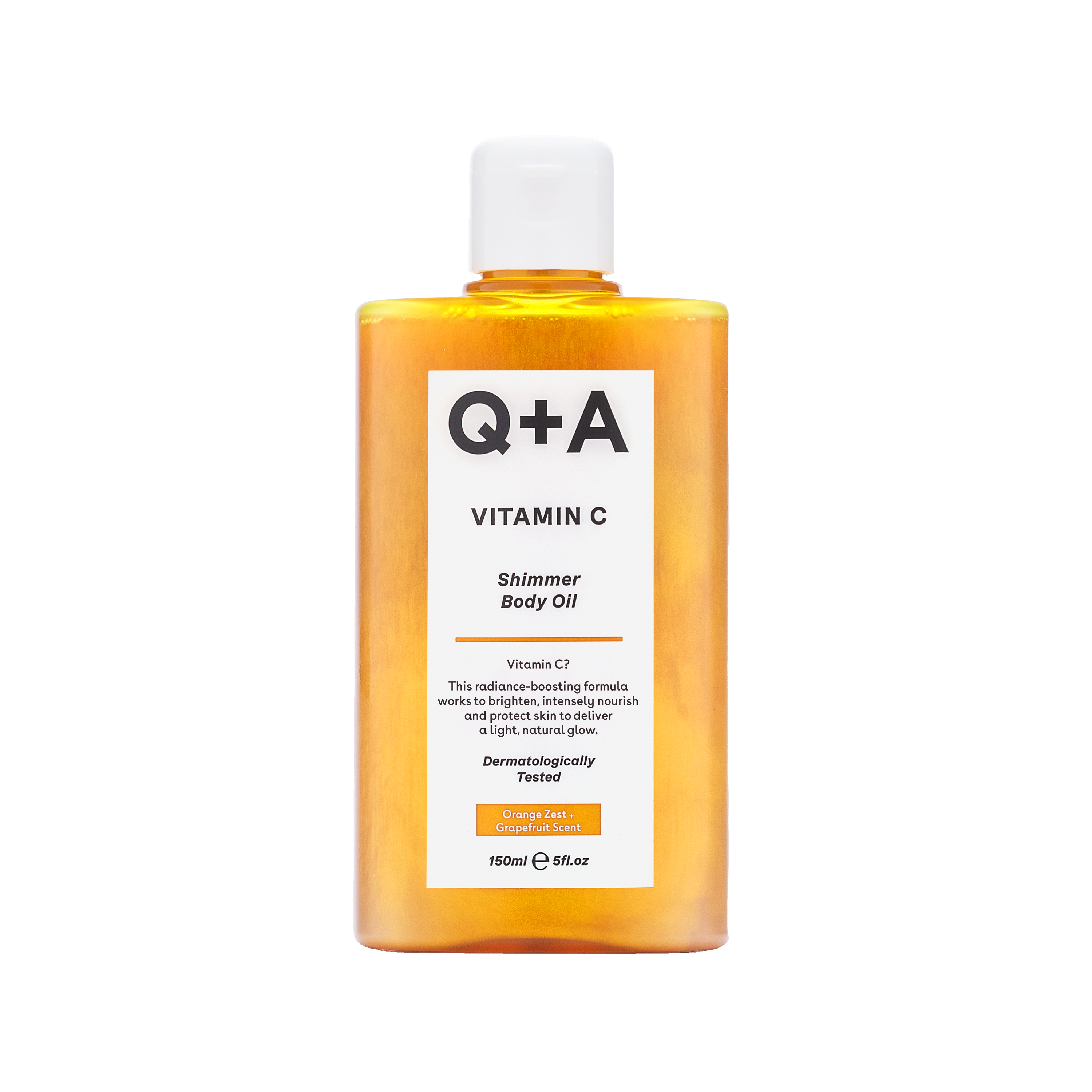 Q+A Vitamin C Shimmer Body Oil in 150ml bottle, moisturizing body oil with a shimmering finish and brightening vitamin C.