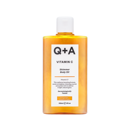 Q+A Vitamin C Shimmer Body Oil in 150ml bottle, moisturizing body oil with a shimmering finish and brightening vitamin C.