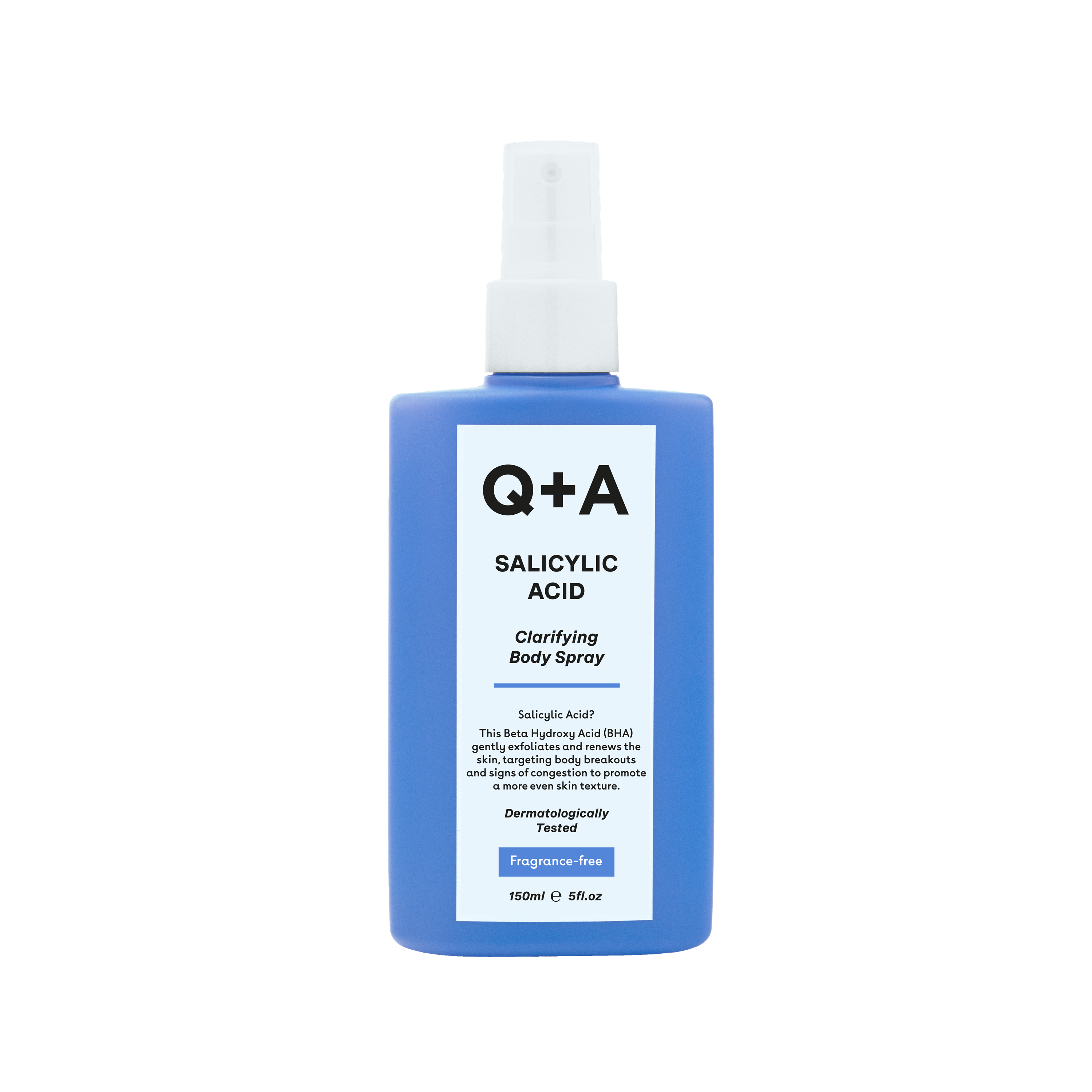 Q+A Salicylic Acid Body Spray bottle, 150ml, a body care product with a spray nozzle for skincare.