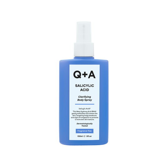 Q+A Salicylic Acid Body Spray bottle, 150ml, a body care product with a spray nozzle for skincare.