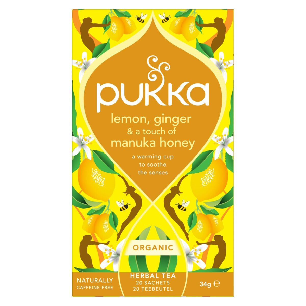Pukka Lemon Ginger Touch of Manuka Honey organic tea bags, 20 count, with lemon, ginger, and honey flavor in a box.
