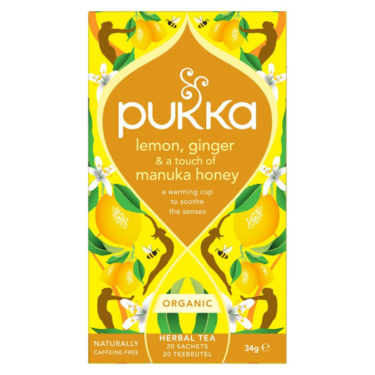 Pukka Lemon Ginger Touch of Manuka Honey organic tea bags, 20 count, with lemon, ginger, and honey flavor in a box.
