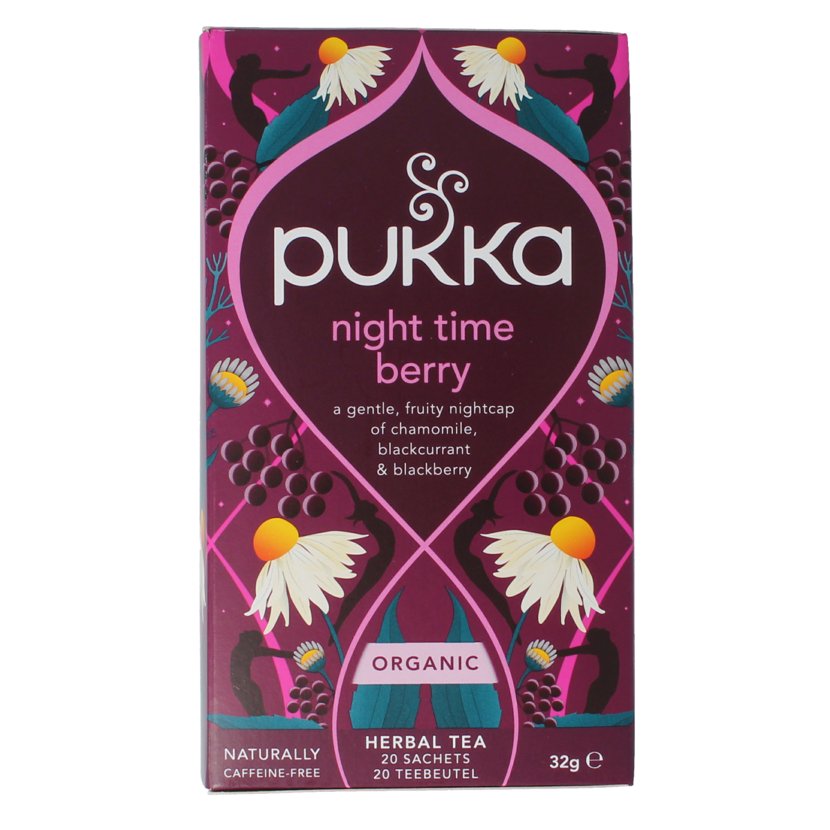 Pukka Night Time Berry herbal tea sachets in a box, featuring vibrant berry illustrations and natural packaging design.