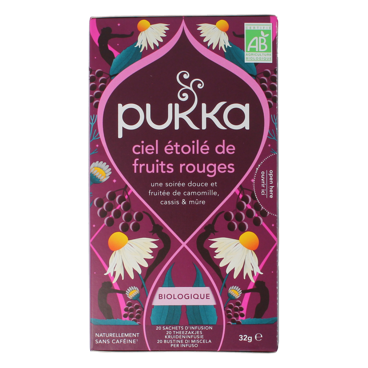 Pukka Night Time Berry herbal tea in a box, featuring 20 tea bags, with vibrant berry illustrations on the packaging.