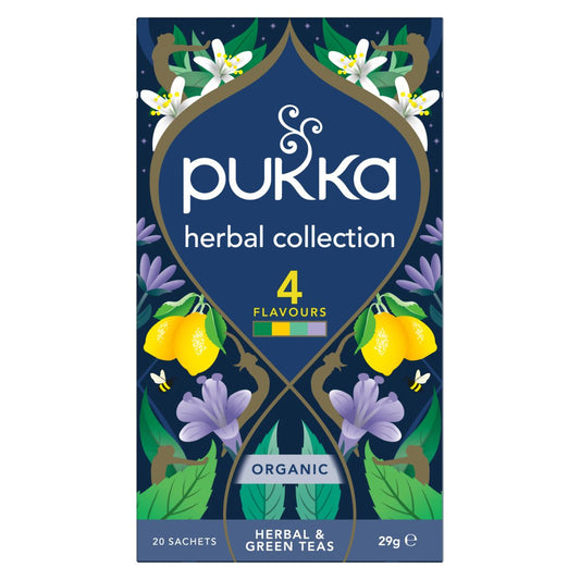 Pukka Herbal Collection bio tea bags, 20-pack, featuring a variety of organic herbal teas in a colorful box.