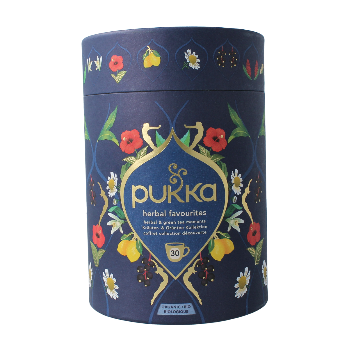 Pukka Herbal Favorites Kilner jar with 30 herbal tea and coffee sachets, featuring colorful packaging and brand logo.