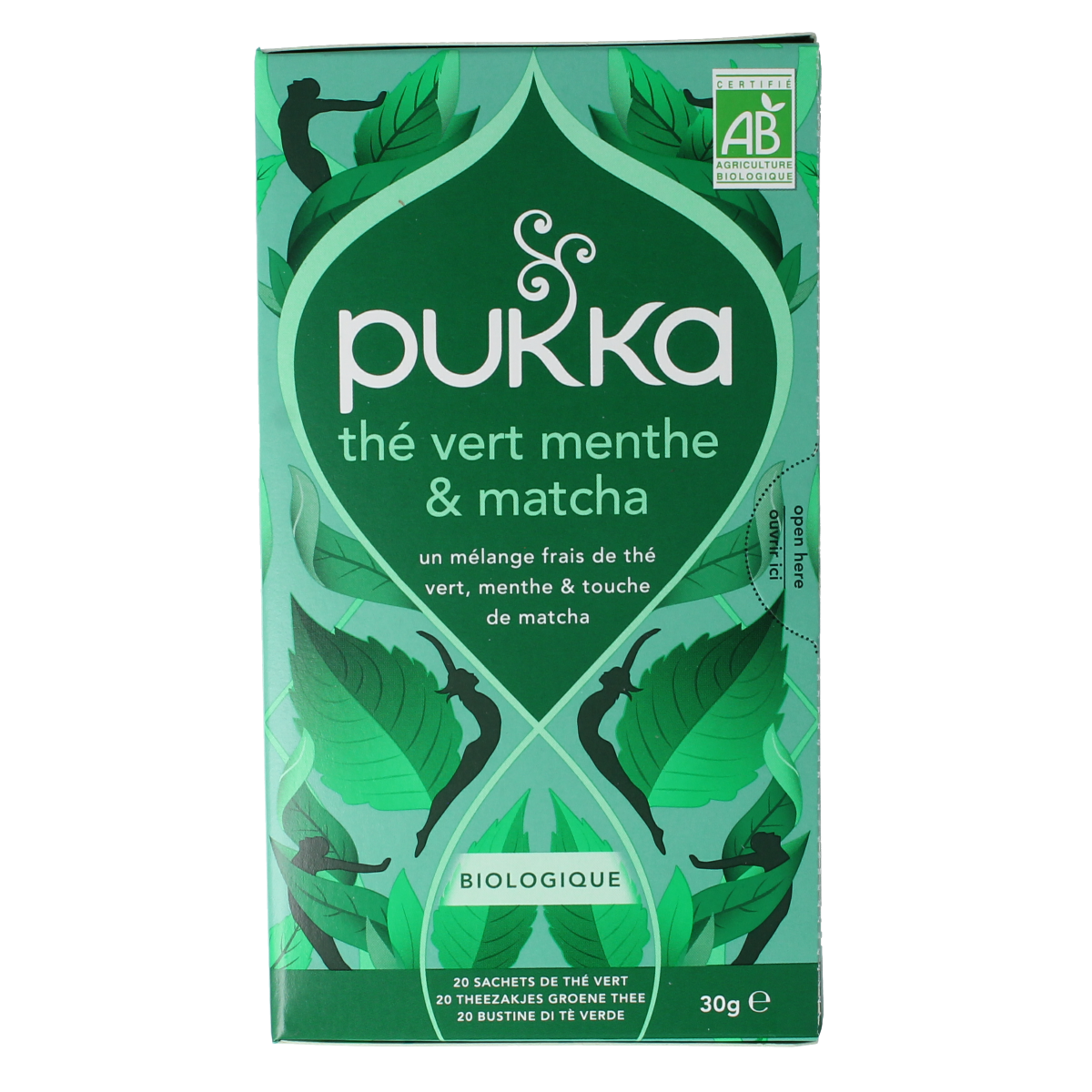 Pukka Mint Matcha Green Tea bio in a box with 20 tea bags, fresh green tea leaves and mint ingredients on packaging