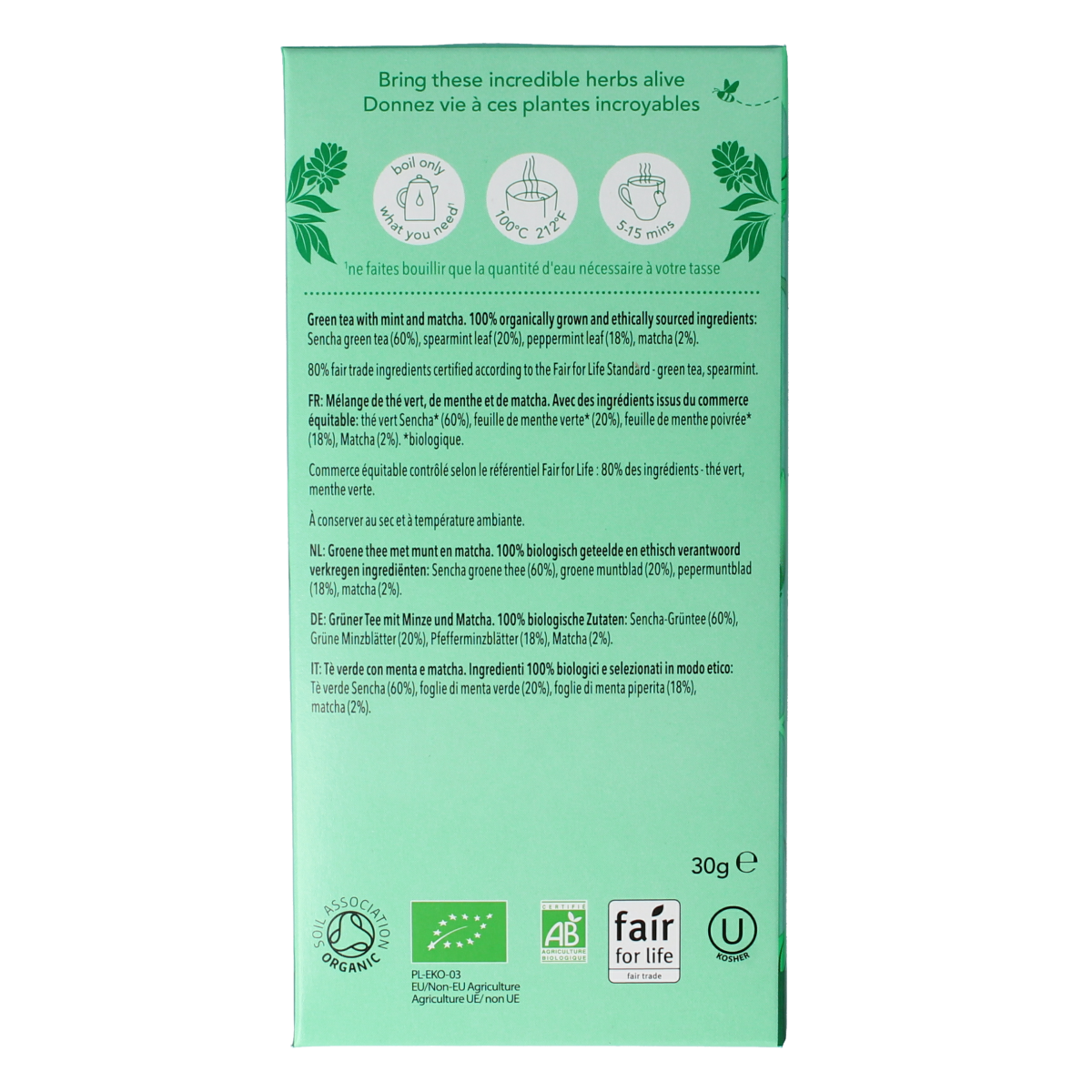 Pukka Mint Matcha Green Tea bio 20 tea bags, fresh green tea with mint flavor, in a resealable packet.