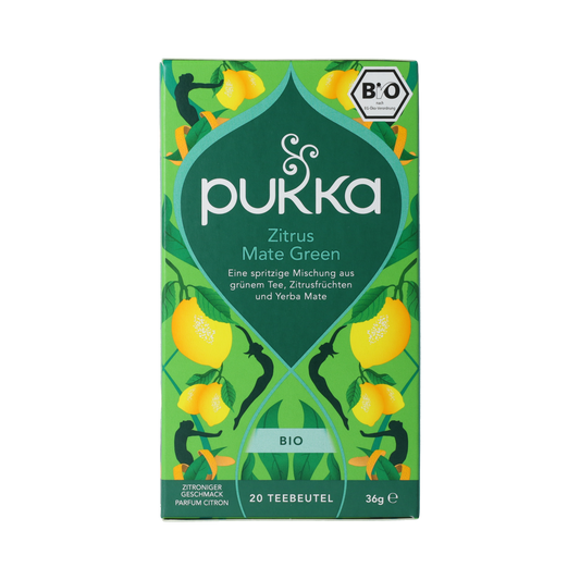 Pukka Citrus Yerba Green bio tea bags, natural herbal tea with citrus flavor in 20-pack, fresh and aromatic.