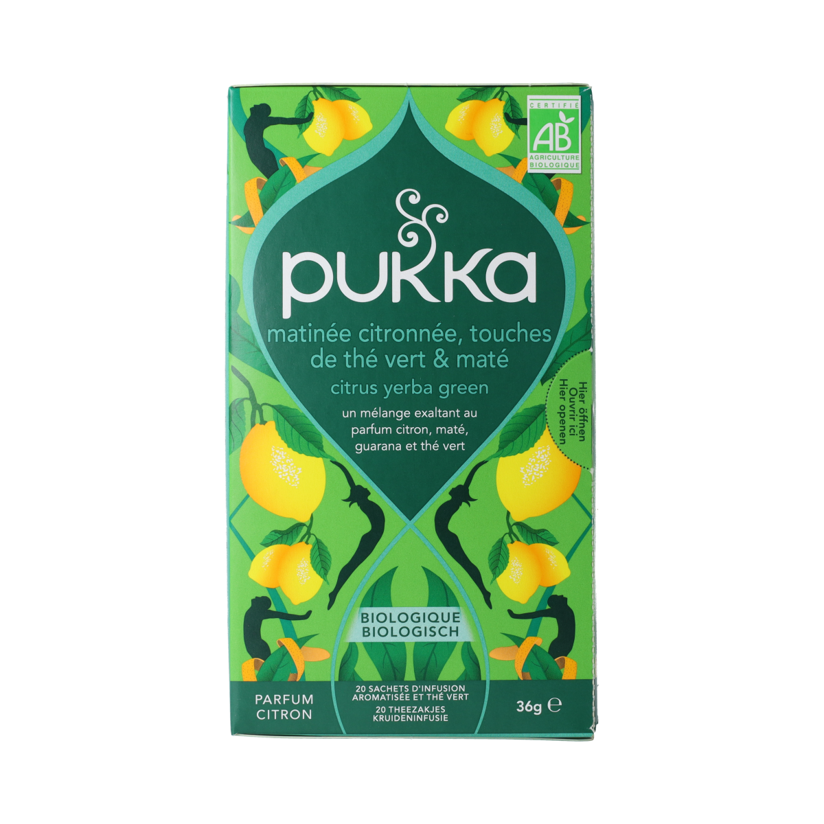 Pukka Citrus Yerba Green organic tea bags, featuring fresh citrus and yerba mate in a pack of 20.