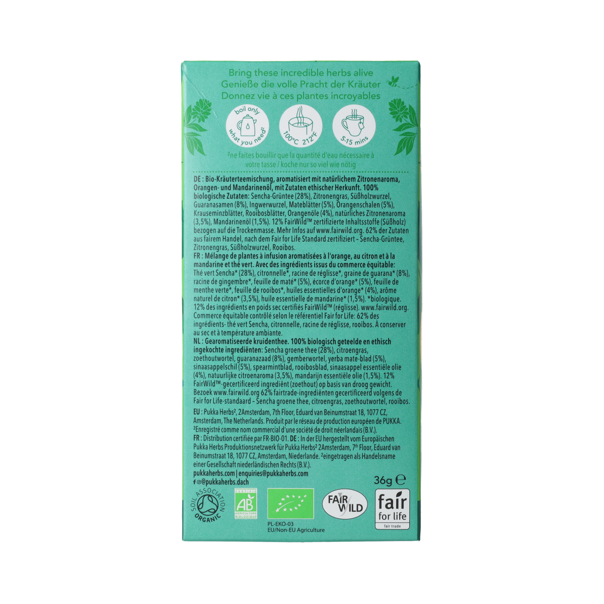 Pukka Citrus Yerba Green tea bags in a box, showcasing fresh citrus and yerba mate ingredients for a flavorful brew.
