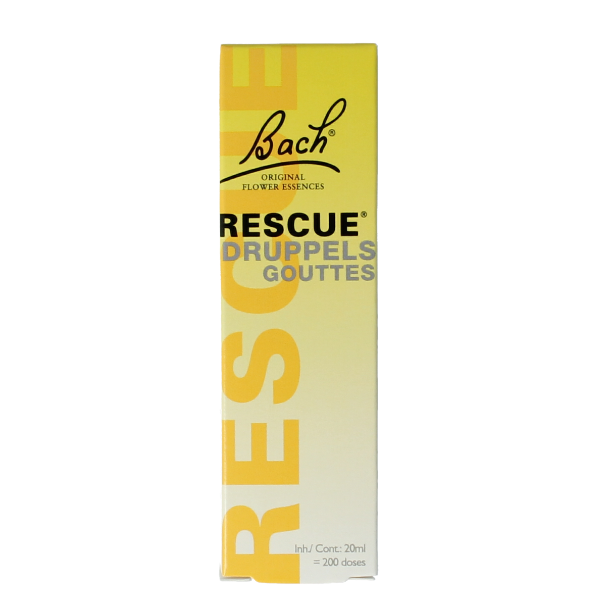 Bach Rescue Rescue herbal drops in a 20ml bottle, part of Bach herbal preparations, with the label and dropper visible.