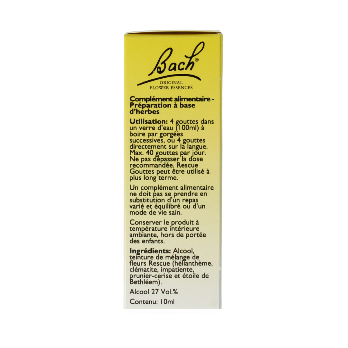 Bach Rescue herbal drops in 10ml bottle, featuring natural herbal ingredients for stress relief and relaxation.