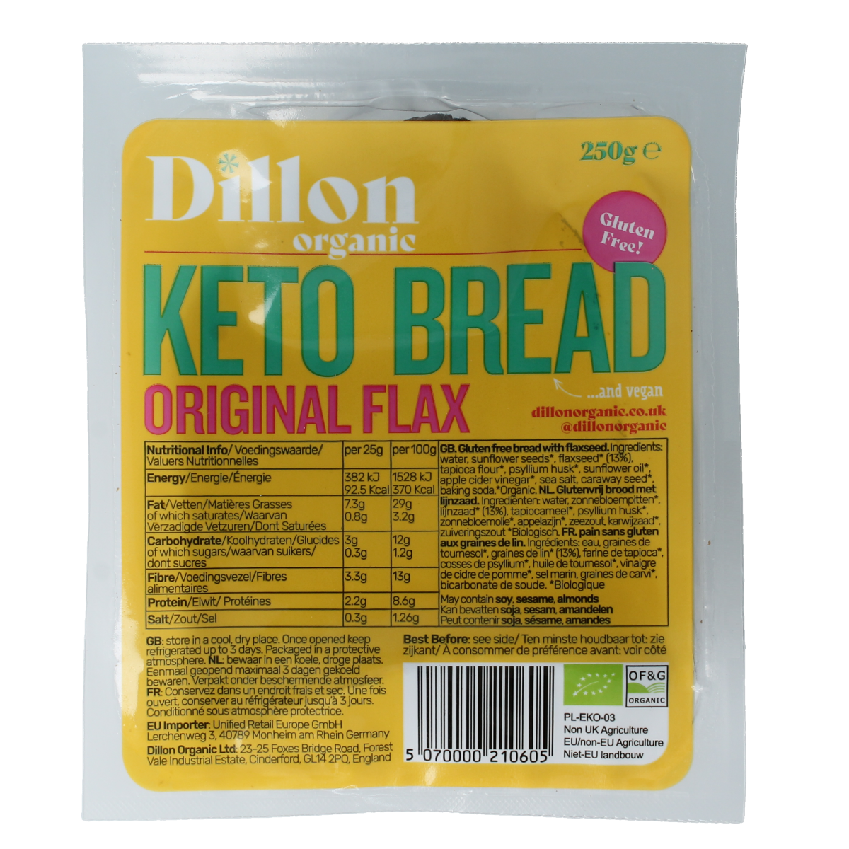 Dillon Organic keto bread with flax seeds, gluten-free, 250g, featuring slices of the original flax keto bread on a cutting board.