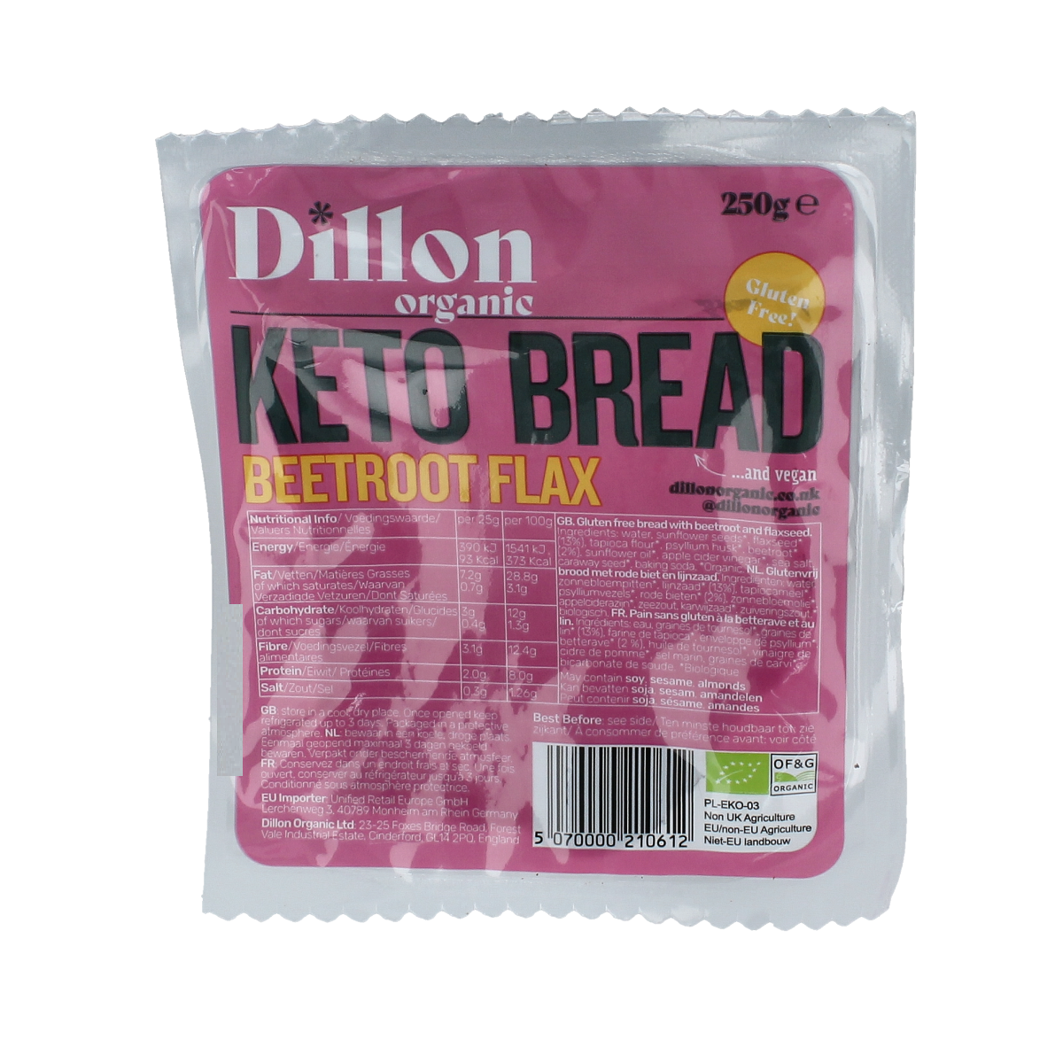 Dillon Organic keto beetroot flax seed bread and crackers, bio Demeter, 250g, featuring sliced beetroot and flax seeds.