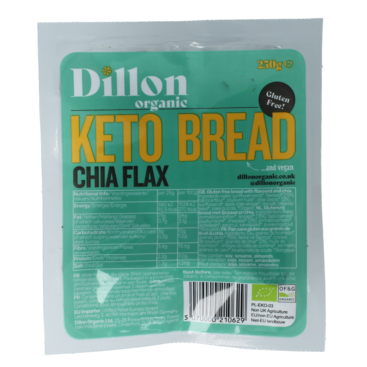 Dillon Organic keto bread with chia and flax seeds, gluten-free, 250g, organic Demeter-certified broden en crackers