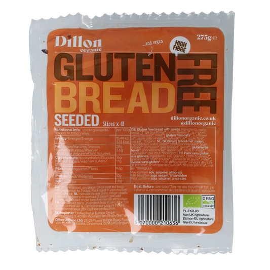 Dillon Organic sliced seeded gluten-free organic bread in 275g package, featuring visible seeds and a fresh loaf appearance.