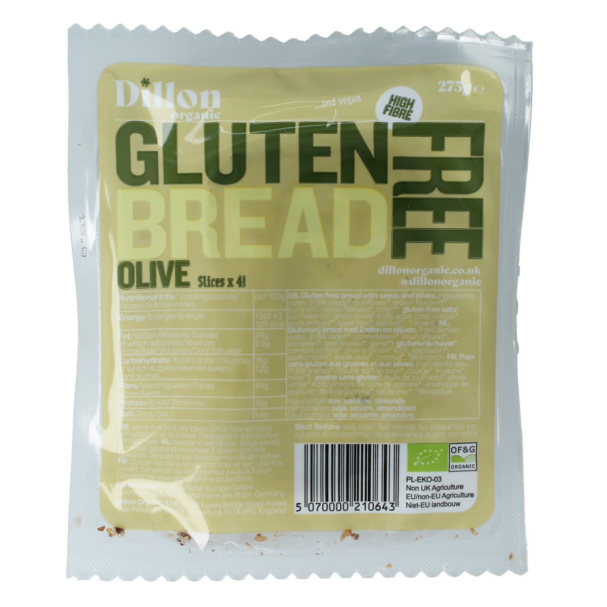 Dillon Organic sliced olive gluten-free bread in 275g package, bio demeter certified, for sandwiches and toast.