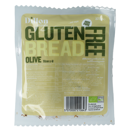 Dillon Organic sliced olive gluten-free bread in 275g package, bio demeter certified, for sandwiches and toast.