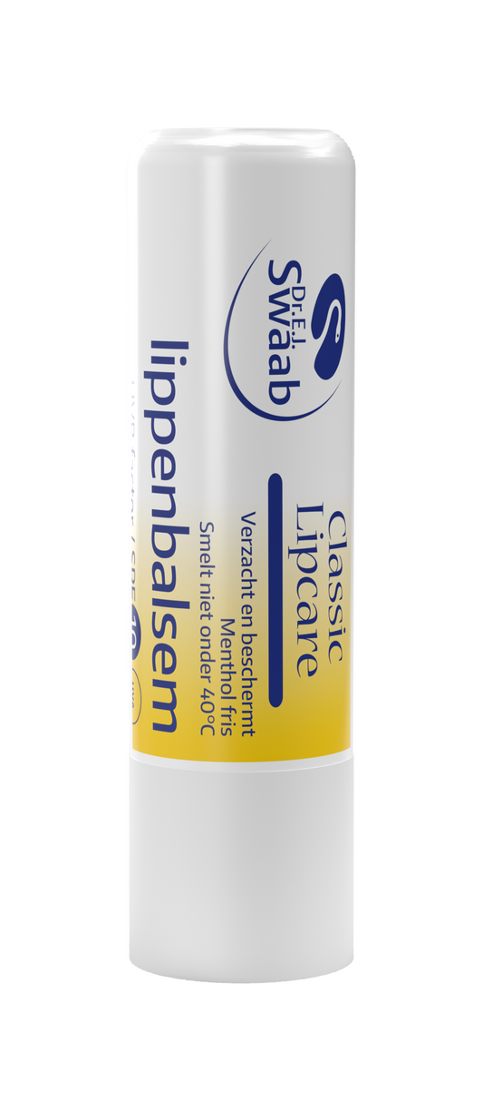 Dr. Swaab Lippenbalsem classic with UV filter in a 4.80g tube, designed for nourishing and protecting lips.