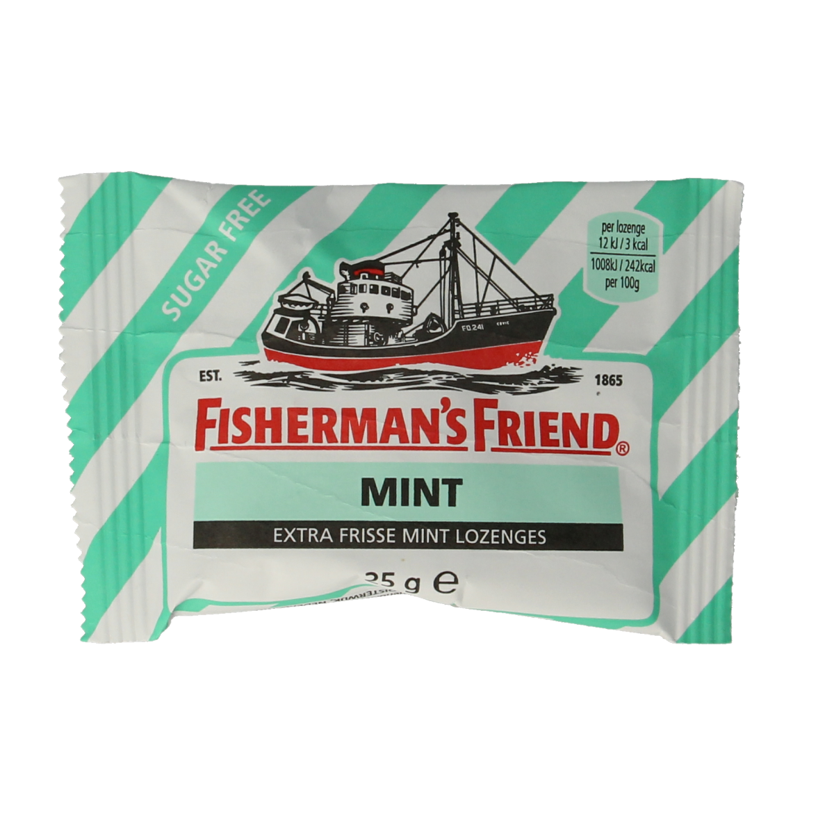 Fisherman's Friend Mint sugar-free sweets in 25g package, showing individually wrapped mint candies on the front of the package.
