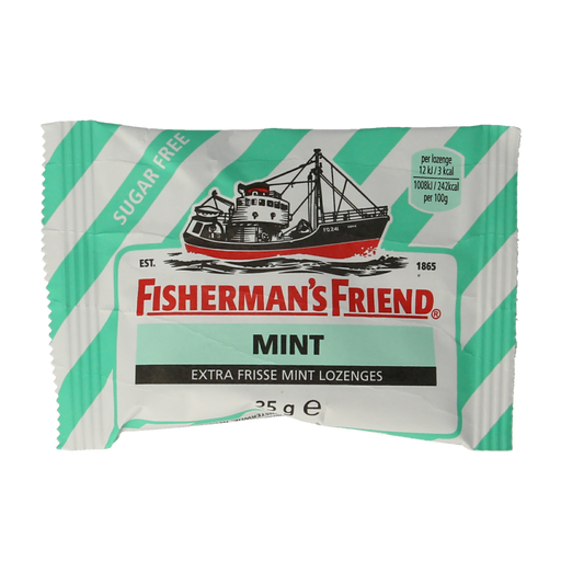 Fisherman's Friend Mint sugar-free sweets in 25g package, showing individually wrapped mint candies on the front of the package.