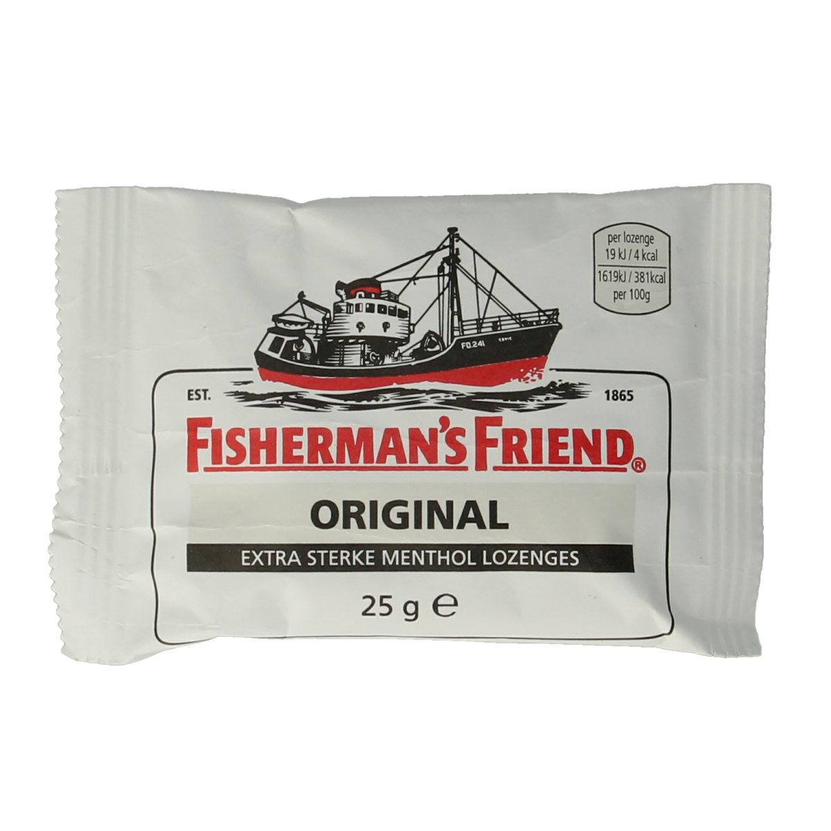 Fisherman's Friend Original lozenges in a 25g packet, candy-style snoepgoed with the brand's signature menthol flavor.