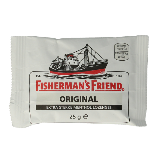 Fisherman's Friend Original lozenges in a 25g packet, candy-style snoepgoed with the brand's signature menthol flavor.