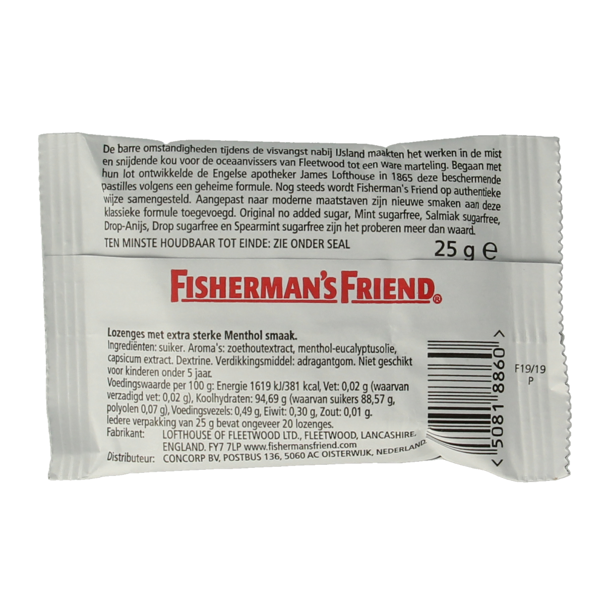 Fisherman's Friend Original candy package, 25 grams, featuring the brand logo and colorful packaging design.