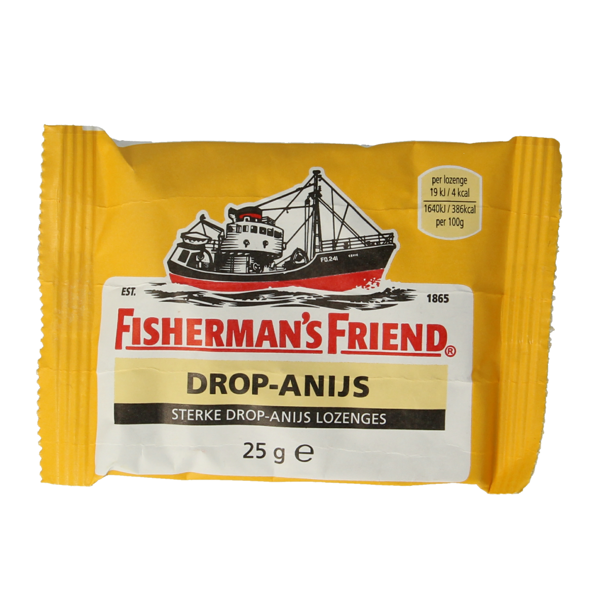 Fisherman's Friend Sterk drop-anijs candy in a 25g package, featuring anis-flavored lozenges for soothing relief.