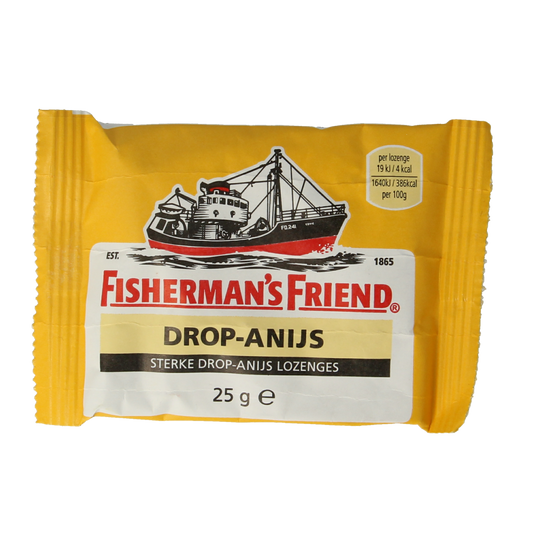 Fisherman's Friend Sterk drop-anijs candy in a 25g package, featuring anis-flavored lozenges for soothing relief.