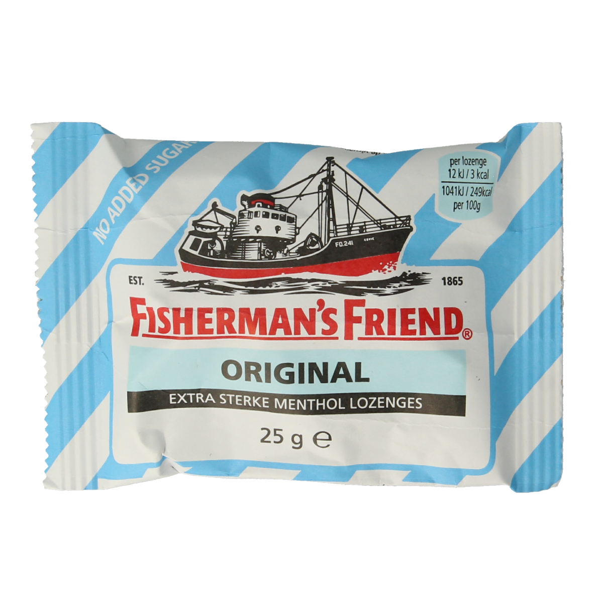 Fisherman's Friend Original sugar-free lozenges in a 25g package, featuring the brand's signature menthol and herbal flavor.