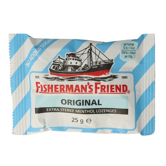 Fisherman's Friend Original sugar-free lozenges in a 25g package, featuring the brand's signature menthol and herbal flavor.