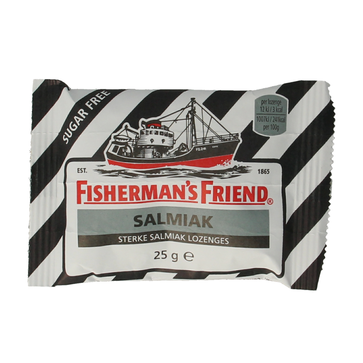 Fisherman's Friend Salmiak sugar-free candy in 25g package, showing salty licorice sweets in a clear view.
