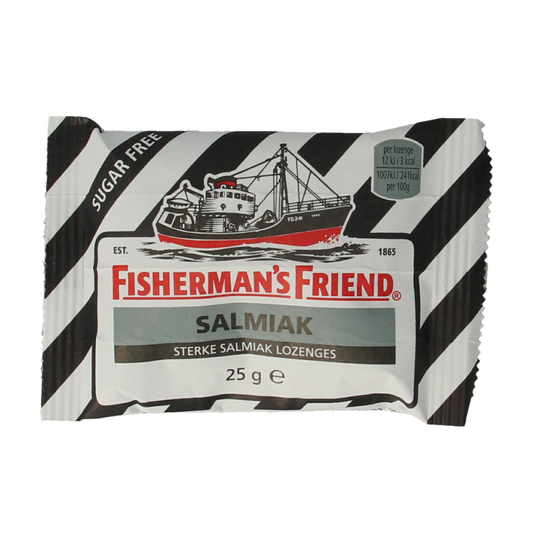 Fisherman's Friend Salmiak sugar-free candy in 25g package, showing salty licorice sweets in a clear view.