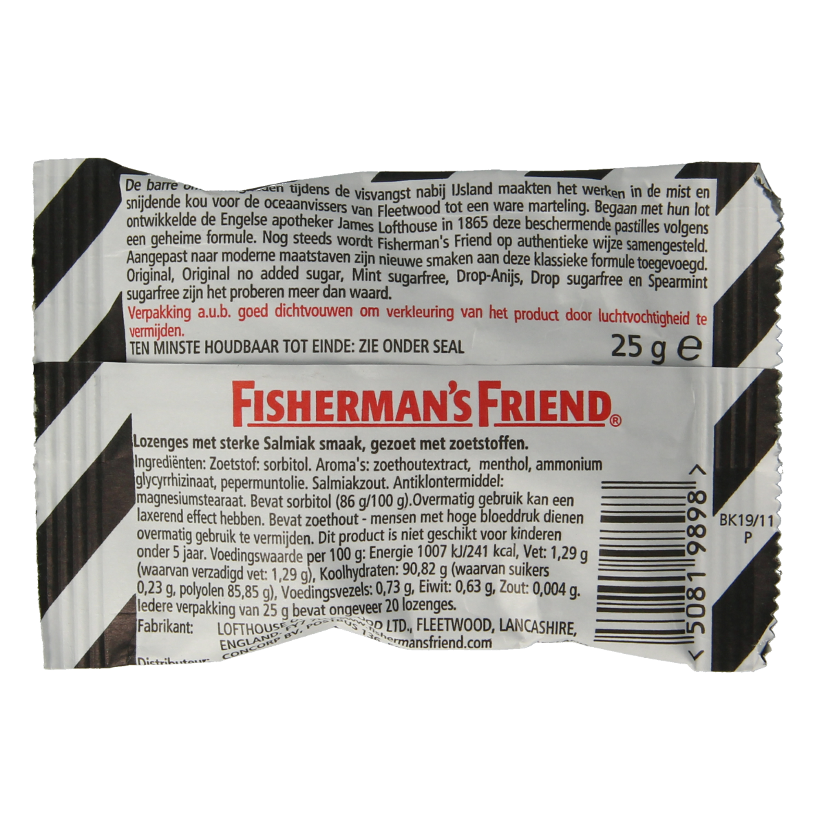 Fisherman's Friend Salmiak sugar-free candy 25g, salty licorice-flavored soft sweets in a clear package.