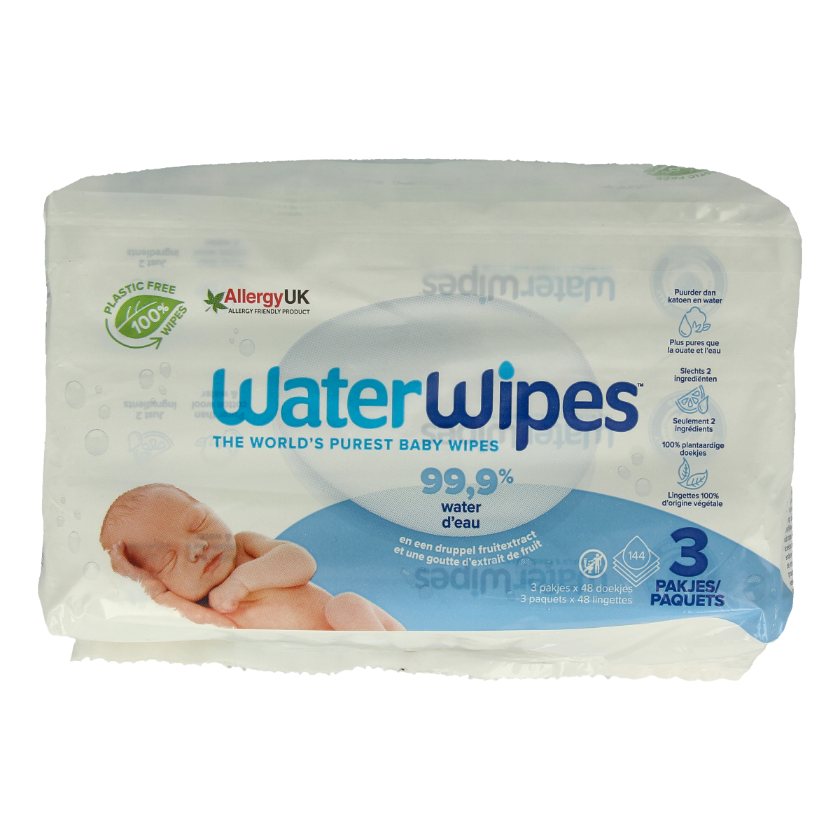 Waterwipes baby wipes 3-pack, gentle baby and toddler skincare, 144 wipes per pack, soft and natural fabric for sensitive skin.